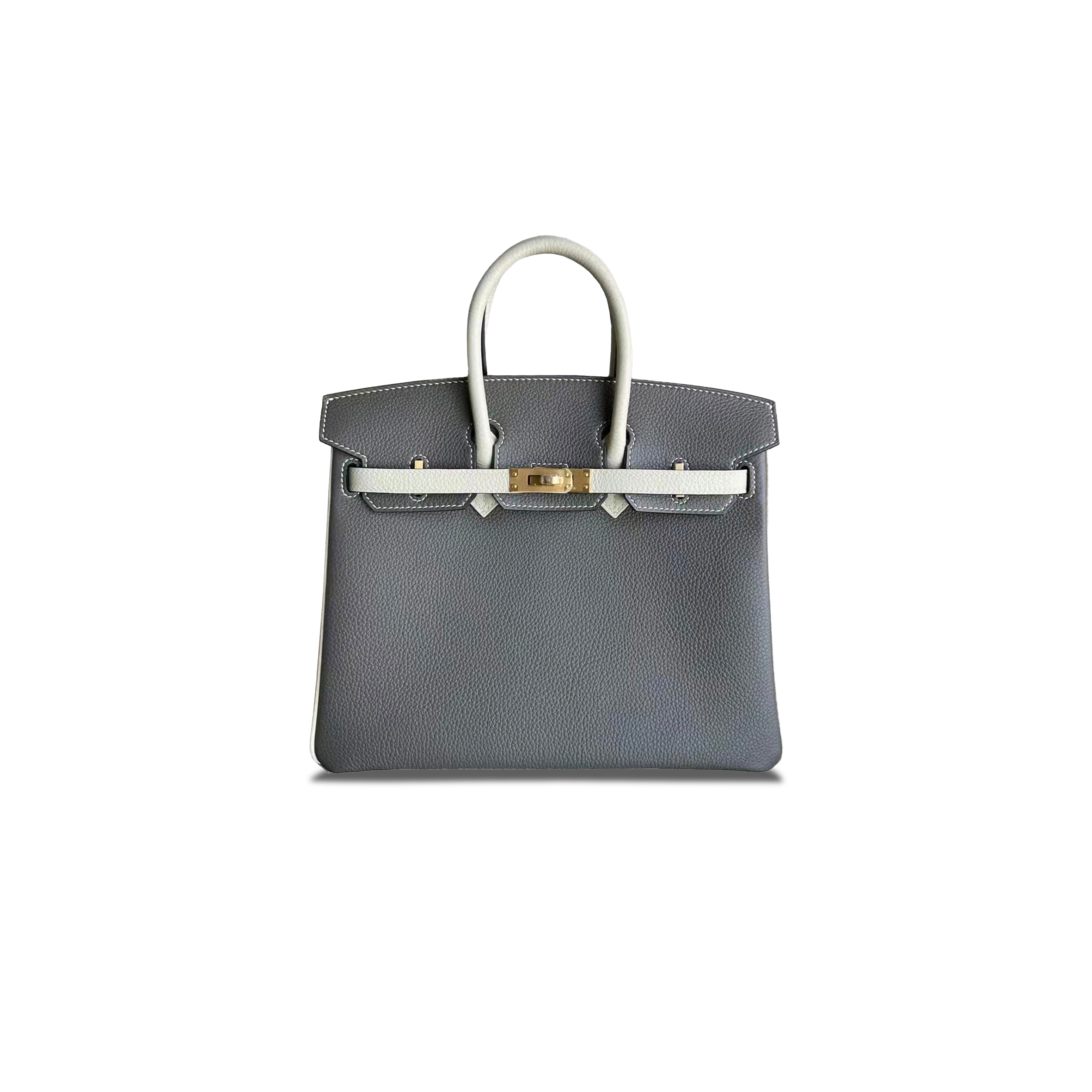 HERMES BIRKIN 25 TOGO LEATHER ASPHALT GREY AND MILKSHAKE WHITE GOLD BUCKLE BAG H028365CC09 (25*20*13cm)